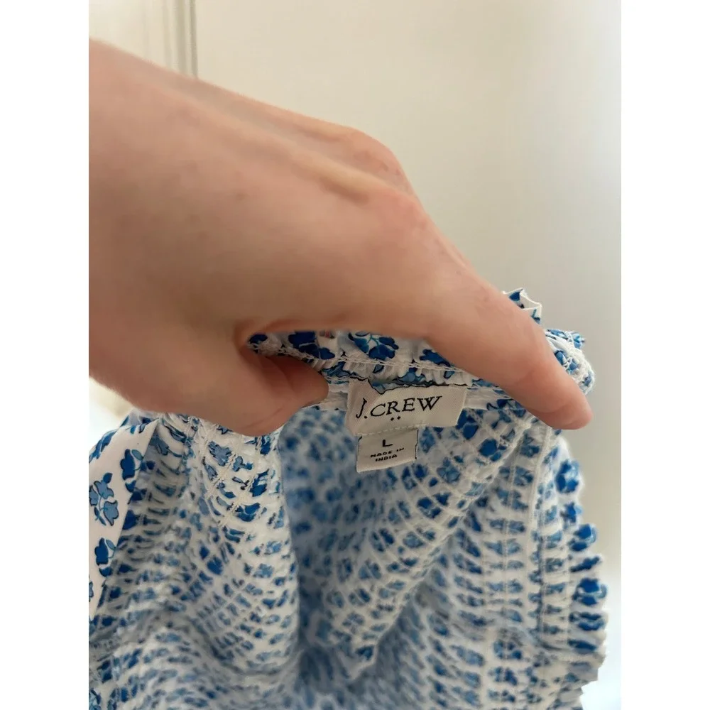 J.‎ Crew Smocked Tie-Shoulder Peplum Top Floral Block Print Blue White Size L
